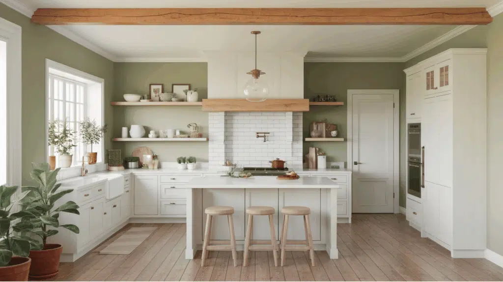 kitchen with sage green walls, white cabinets, wooden shelves, and island seating.