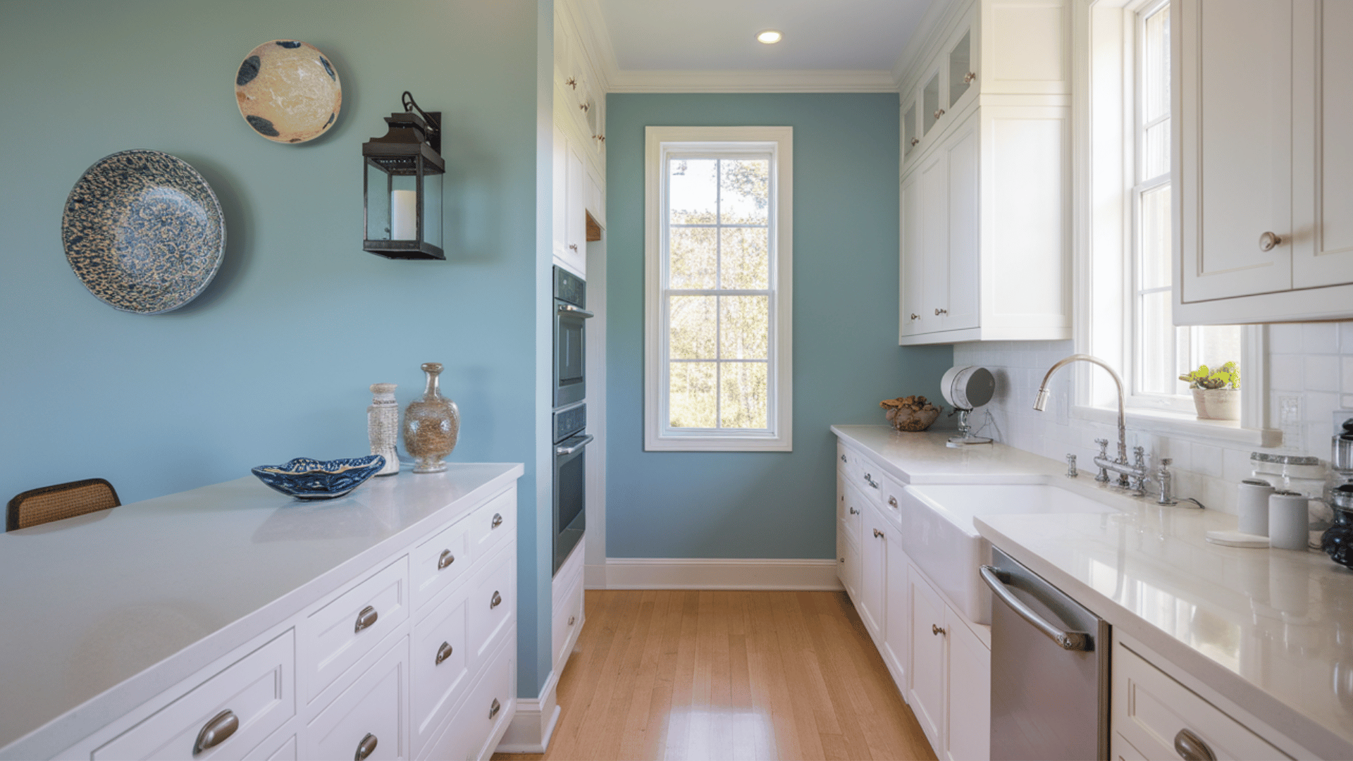 kitchen with sky blue walls, white cabinets, farmhouse sink, and natural light from tall window.