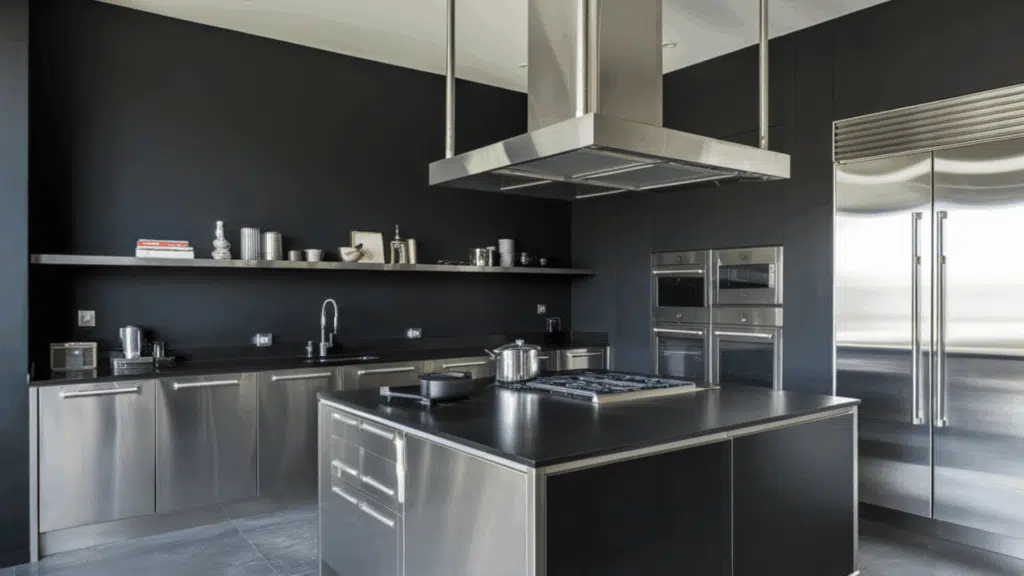 kitchen with stainless steel island, dark walls, and large double-door fridge.
