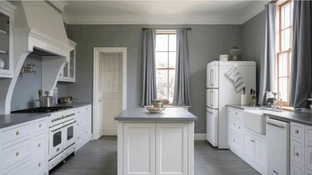 kitchen with white cabinets, center island, vintage fridge, gray walls, and large window with curtains. (1)