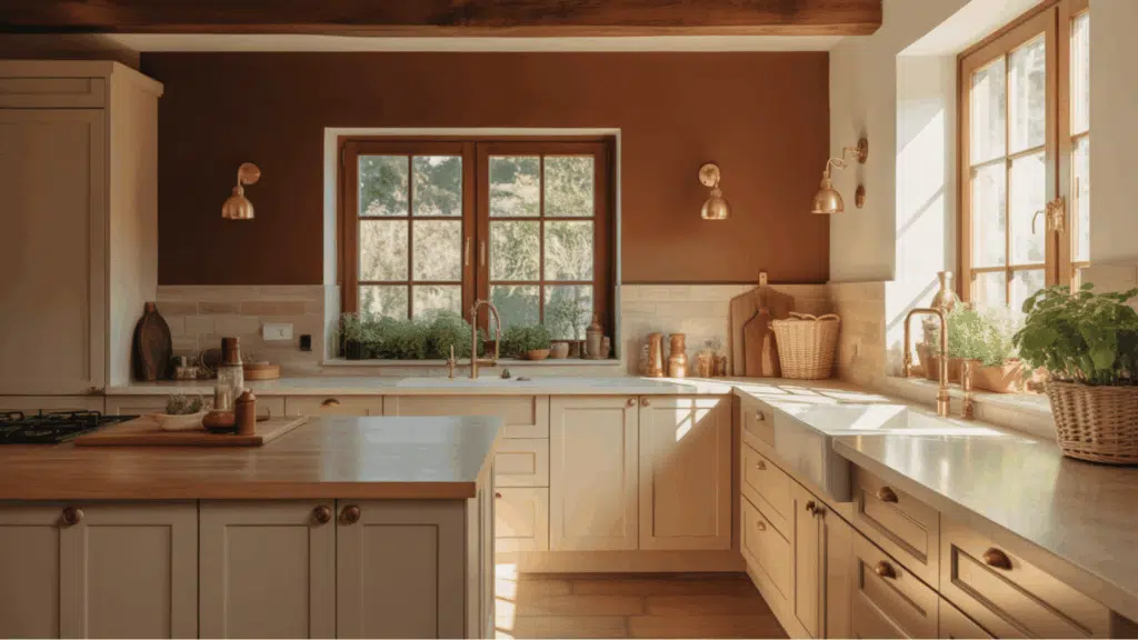 kitchen with wood beams, cream cabinets, and large farmhouse sink. (1)