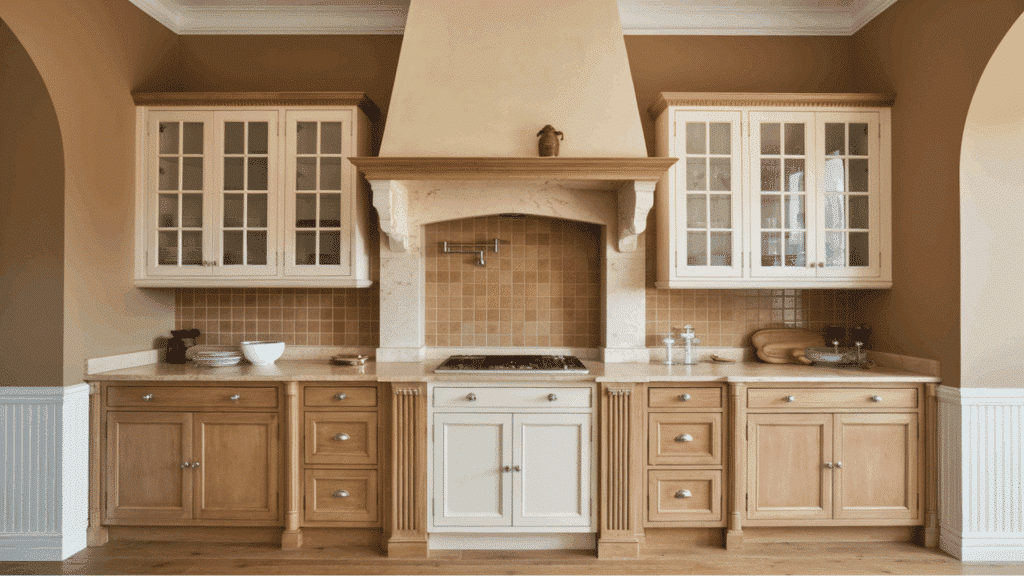 kitchen with wood cabinets, cream range hood, and beige tile backsplash. (1)