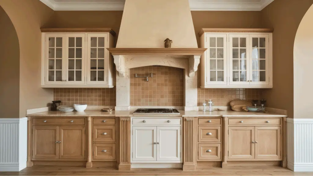 kitchen with wood cabinets, cream range hood, and beige tile backsplash. (1)
