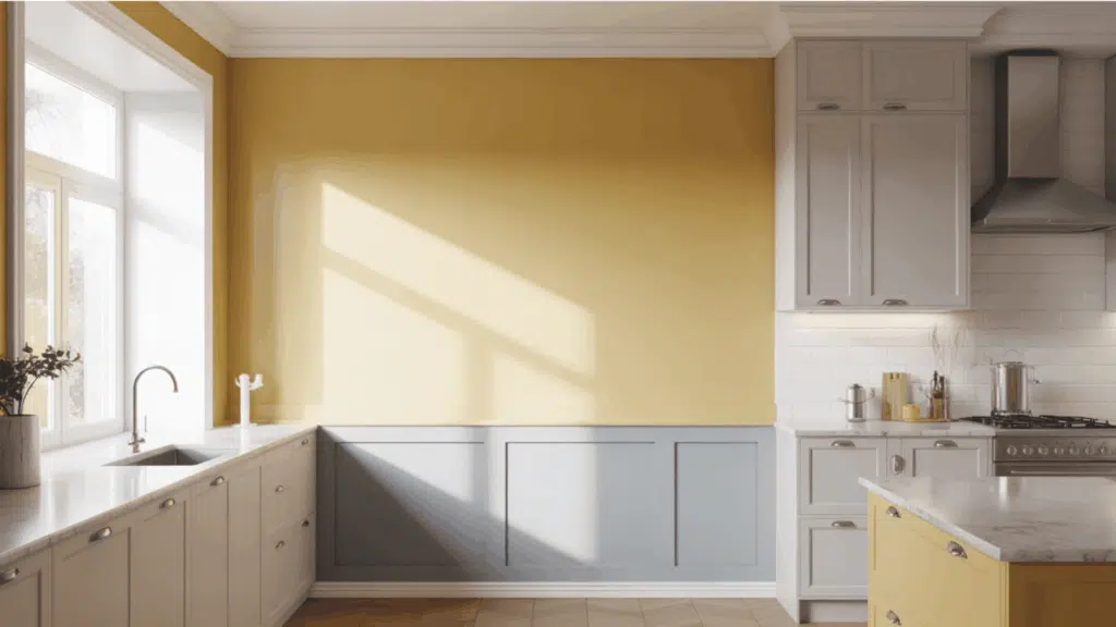 kitchen with yellow walls, white cabinets, and natural sunlight from large windows.