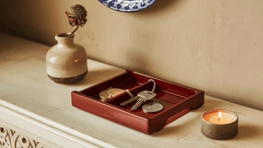 lacquered wood compartment tray on an entryway table holding keys and coins beside a small ceramic vase and candle