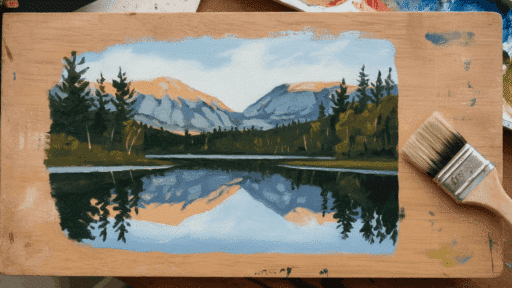 landscape painting using acrylic paint on wood, showcasing mountains, trees, and a reflection in a serene lake with a paintbrush on the side