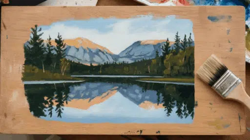 landscape painting using acrylic paint on wood, showcasing mountains, trees, and a reflection in a serene lake with a paintbrush on the side