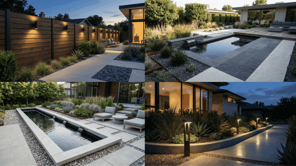 landscaping with pathway lighting, water features, and sleek outdoor design elements.