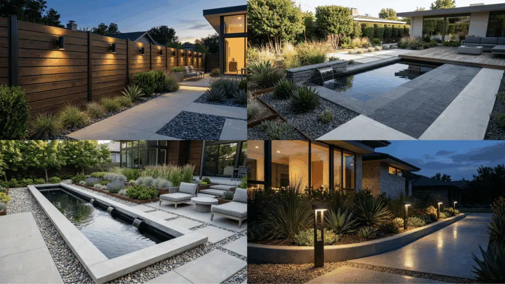 landscaping with pathway lighting, water features, and sleek outdoor design elements.