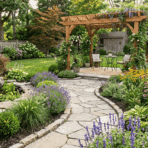 landscaping with pergola, stone path, and colorful plants creating a lush outdoor seating space.