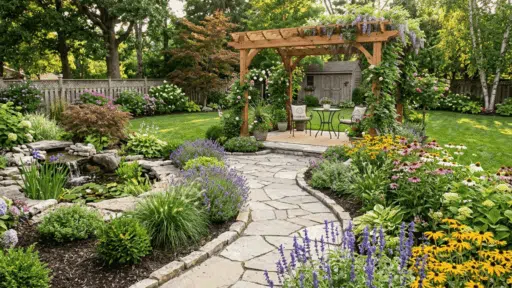landscaping with pergola, stone path, and colorful plants creating a lush outdoor seating space.