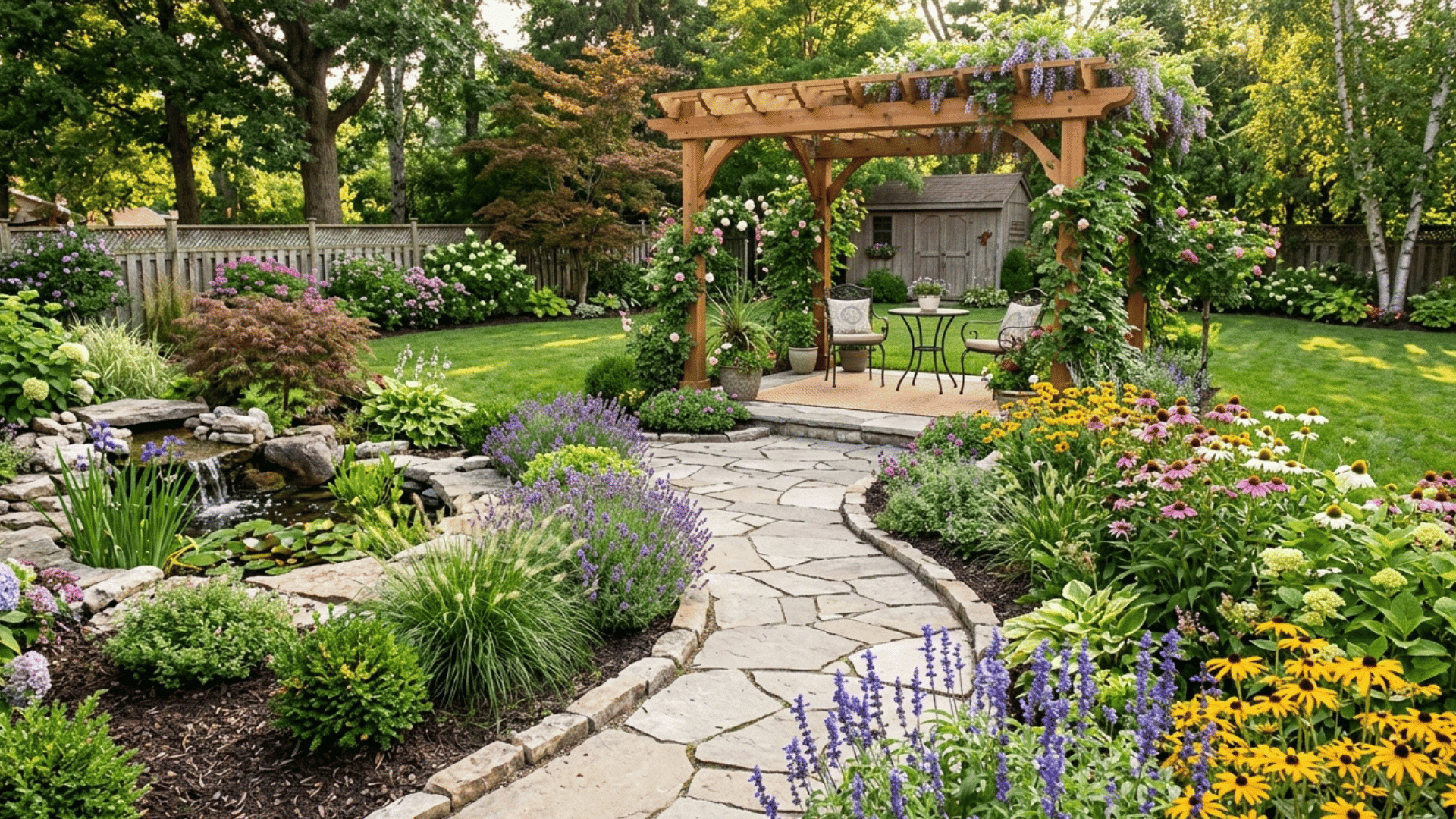 landscaping with pergola, stone path, and colorful plants creating a lush outdoor seating space.