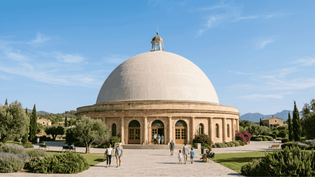 large domed building with classical architecture surrounded by gardens and people walking in open plaza