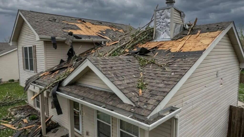 large fallen tree lying across a house roof after a storm, causing major damage with broken shingles, exposed roof decking, and scattered debris across the roof and yard