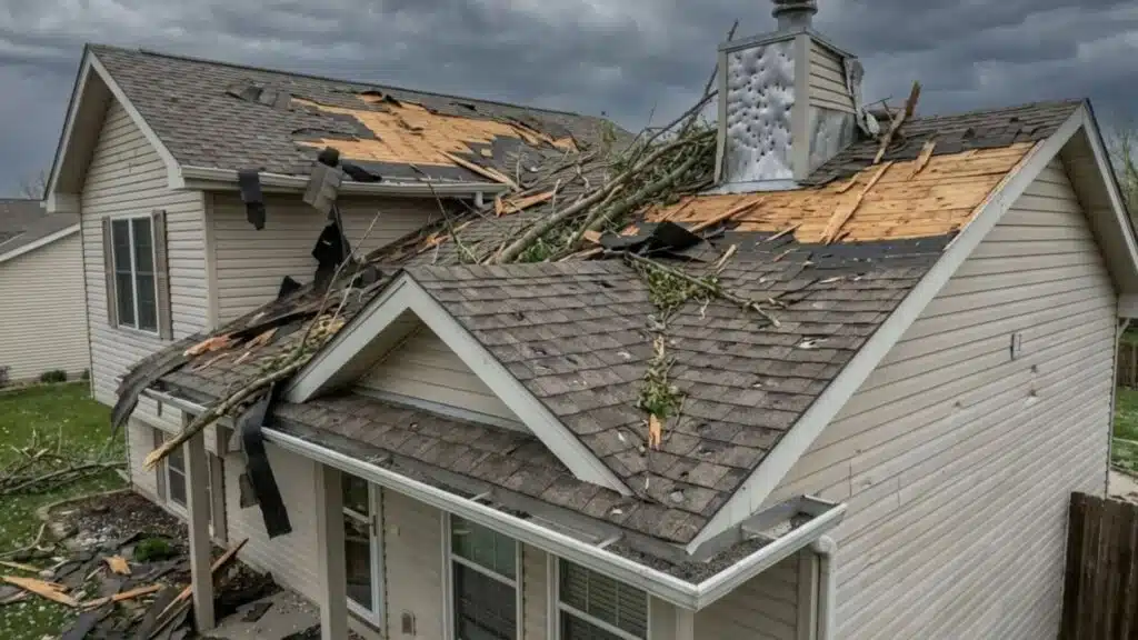 large fallen tree lying across a house roof after a storm, causing major damage with broken shingles, exposed roof decking, and scattered debris across the roof and yard