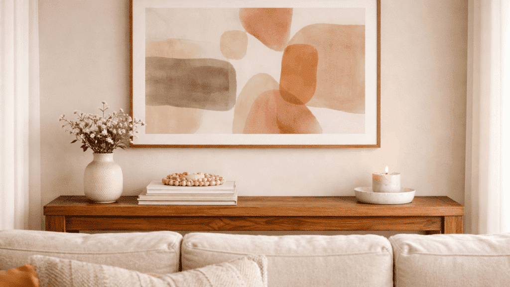 large framed abstract art print above a sofa table behind a neutral sofa with a small vase, book stack, and candle below