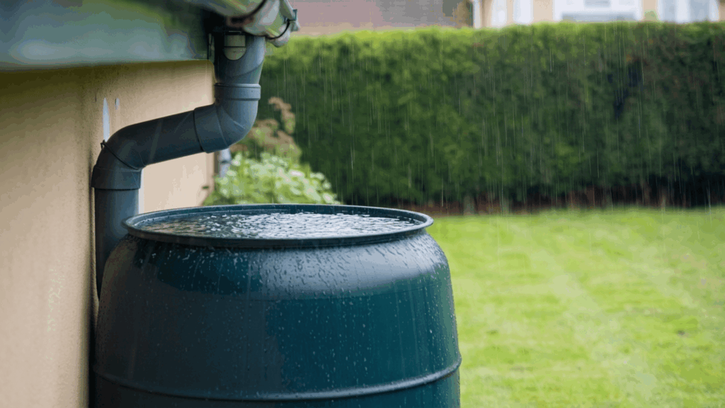 large green rain barrel collecting water from a downspout during rainfall for use in daily garden watering