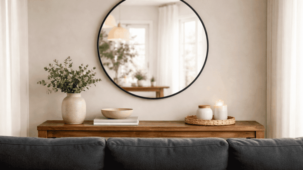 large round black framed mirror above a sofa table behind a dark grey sofa reflecting soft natural light in a bright living room