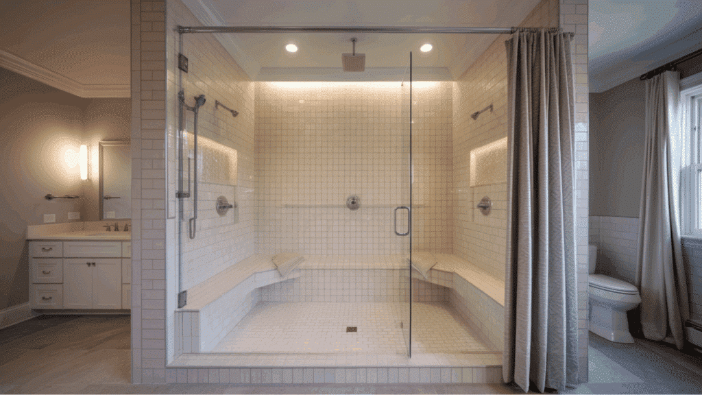 large shower with a 60 x 48 dimension featuring two showerheads and a clean tiled design