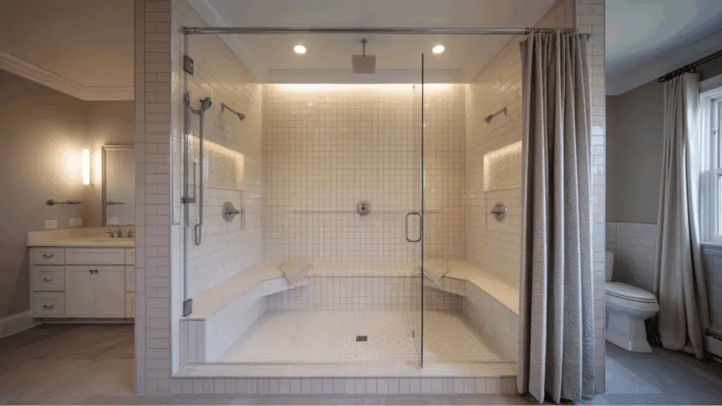 large shower with a 60 x 48 dimension featuring two showerheads and a clean tiled design
