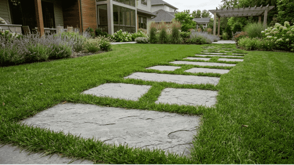 large stepping stone garden path through green lawn in a modern backyard landscape