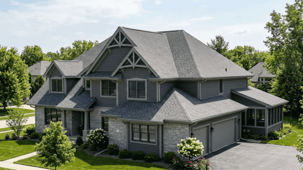 large suburban house with hip and gable roof stone facade garage and landscaped lawn in residential area