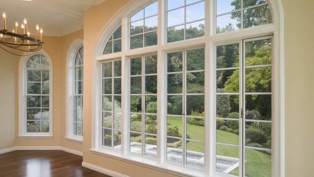 large window with white frame and a garden view
