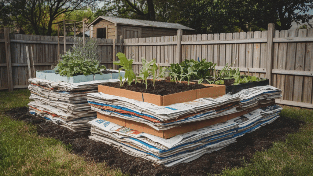lasagna gardening raised beds made with stacked newspaper layers cardboard and soil growing vegetables in a fenced backyard garden