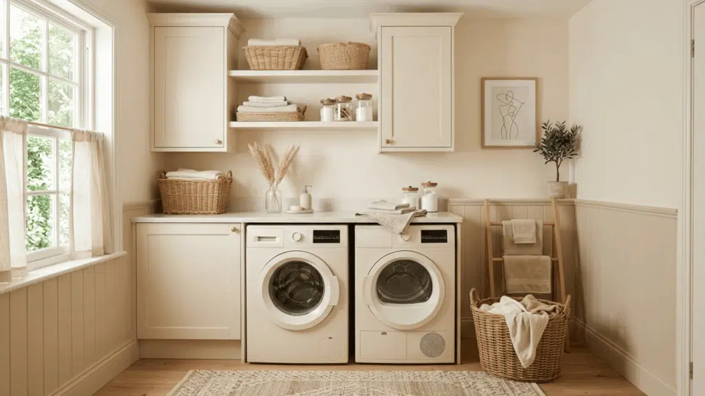 laundry room with beige and cream tones, baskets, and soft lighting.
