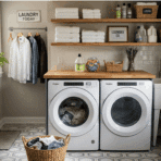 laundry room with beige and cream tones, baskets, and soft lighting.