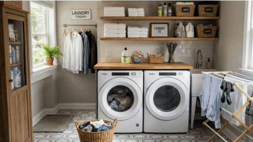 laundry room with beige and cream tones, baskets, and soft lighting.
