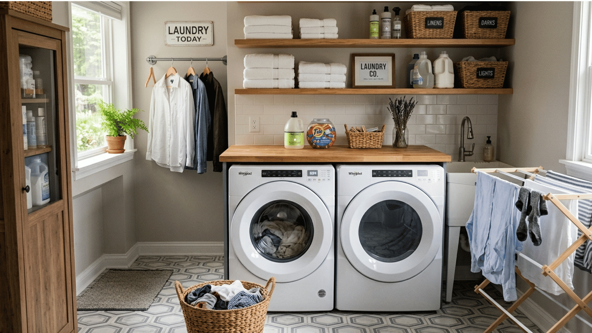 laundry room with beige and cream tones, baskets, and soft lighting.