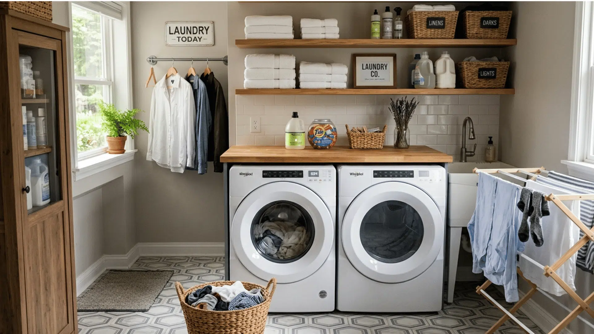 laundry room with beige and cream tones, baskets, and soft lighting.