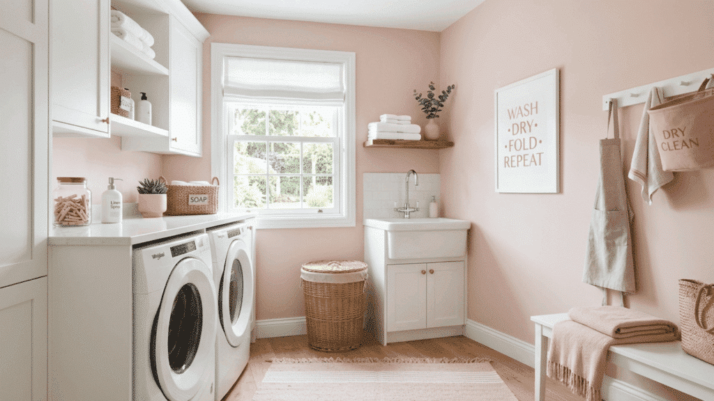 laundry room with blush pink walls, white cabinets, and cozy setup.