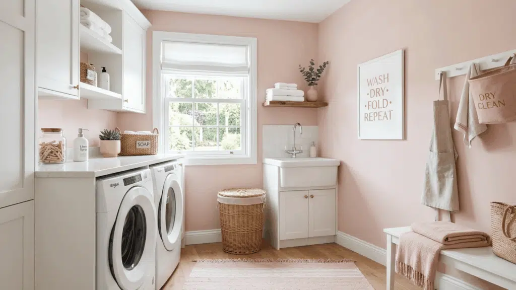 laundry room with blush pink walls, white cabinets, and cozy setup.