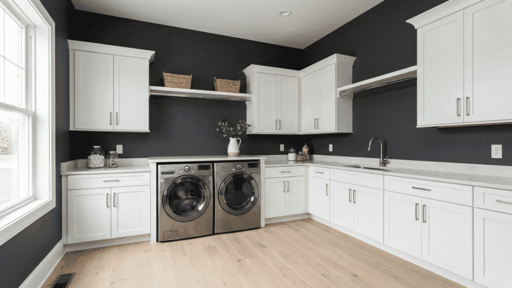 laundry room with charcoal gray walls, white cabinets, and wood flooring.