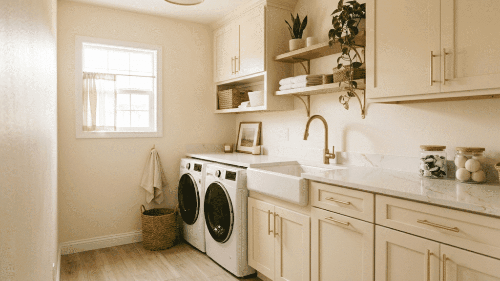 laundry room with cream cabinets, gold hardware, and soft natural lighting.