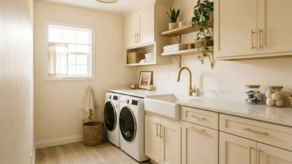 laundry room with cream cabinets, gold hardware, and soft natural lighting.
