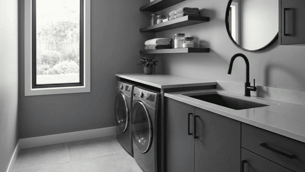laundry room with gray walls, black fixtures, and sleek shelves.