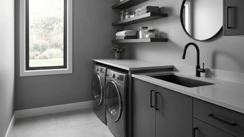 laundry room with gray walls, black fixtures, and sleek shelves.