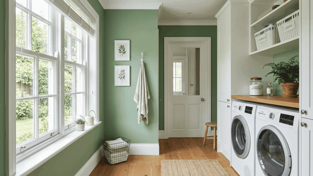 laundry room with green walls, white cabinets, and natural light from large window.