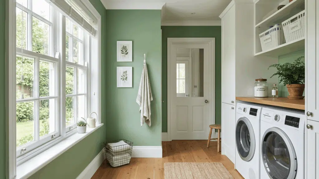 laundry room with green walls, white cabinets, and natural light from large window.