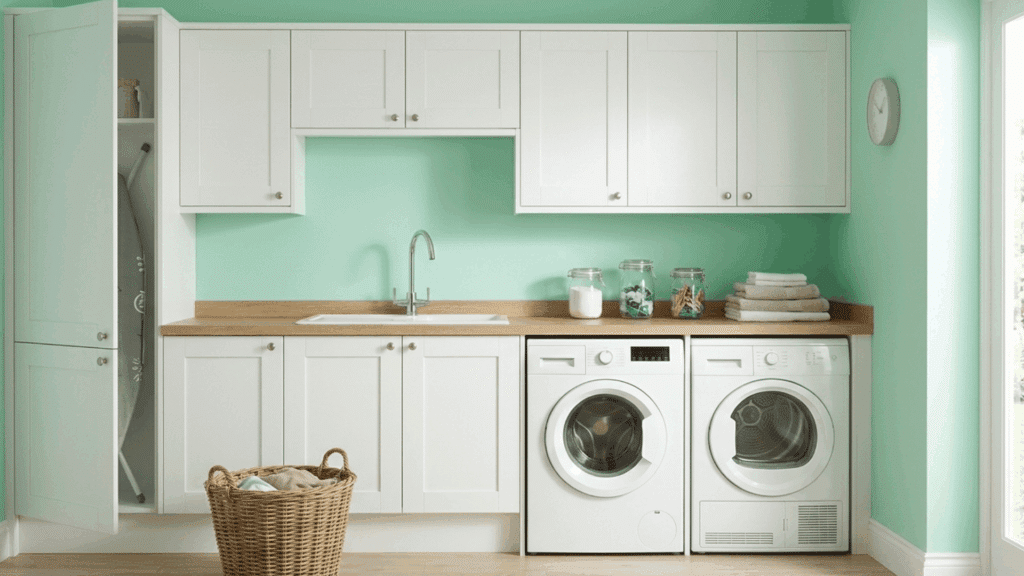 laundry room with mint green walls, white cabinets, and bright space.