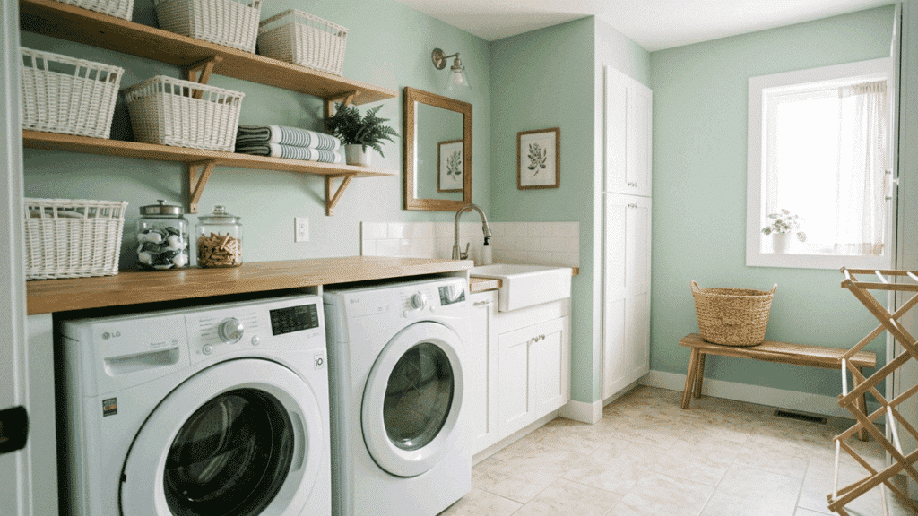 laundry room with mint green walls, wood shelves, and white washer dryer