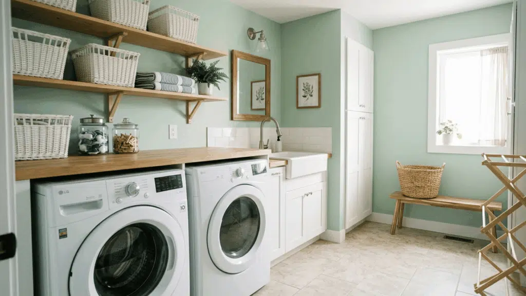 laundry room with mint green walls, wood shelves, and white washer dryer