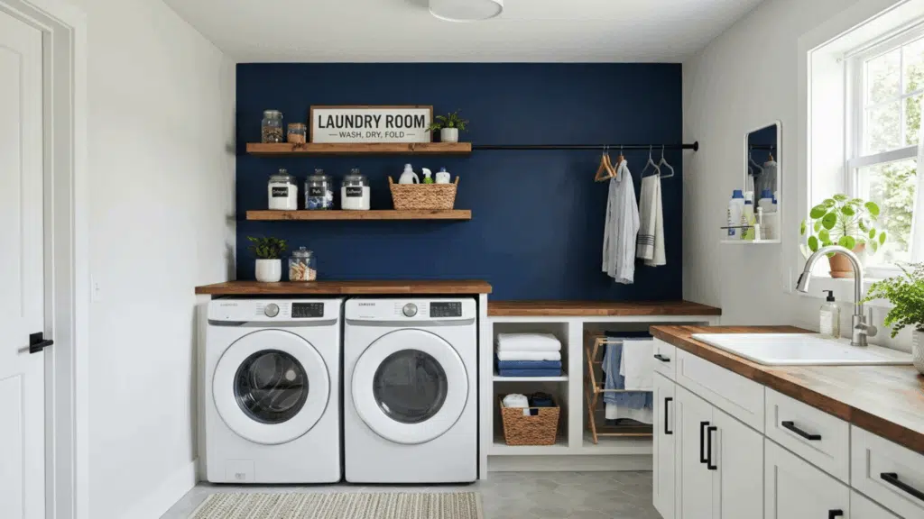 laundry room with navy accent wall, wood shelves, and white appliances.
