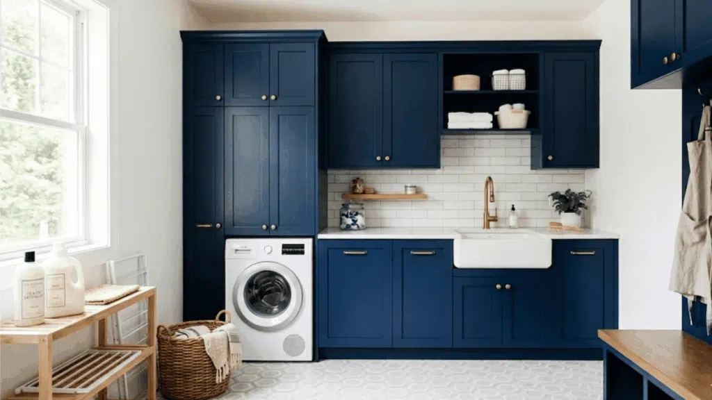 laundry room with navy cabinets, white walls, and modern sink area. (2)