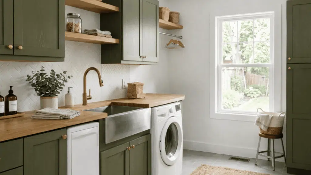 laundry room with olive green cabinets.