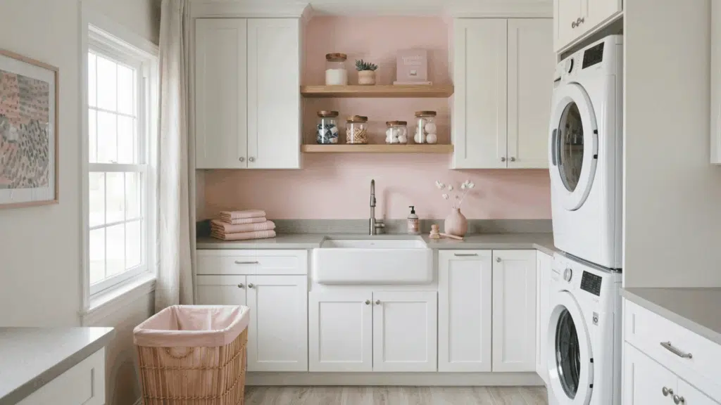 laundry room with pastel pink walls, white cabinets, and soft decor.