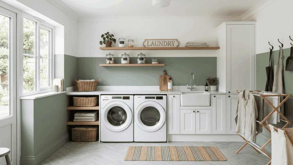 laundry room with two-tone walls in white and sage green with simple decor.
